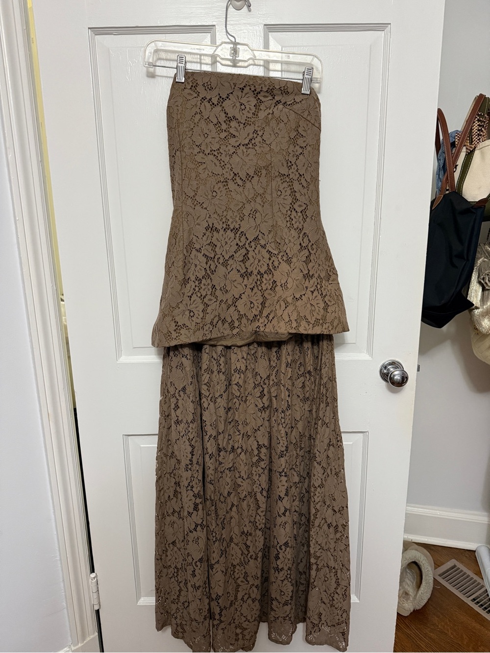 PrettyLittleThing Olive Brown Lace Strapless Maxi Dress